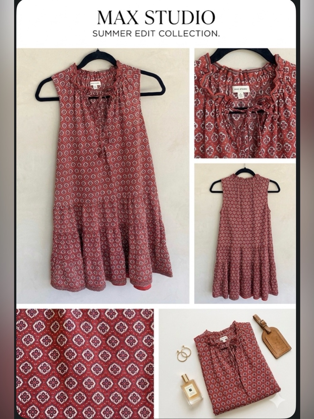 Max Studio Boho Medallion Print Tiered Sleeveless Dress Size S Ruffle Tie Neck
